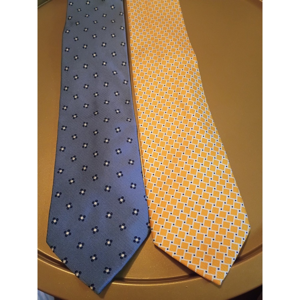 Jos. A. Bank Mens Silk Tie Lot 2 Blue Floral Herringbone Yellow DiamondGeometric